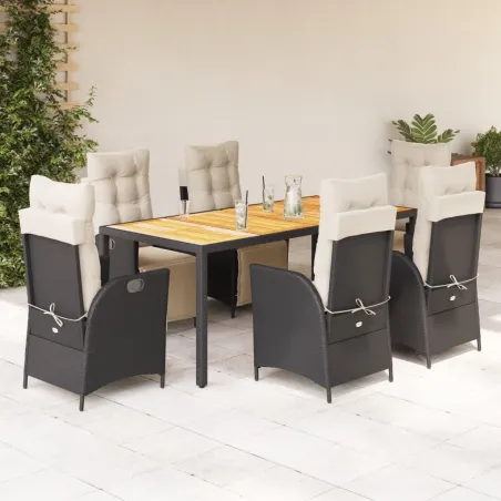 Ensemble à manger de jardin coussins 7pcs Noir Résine tressée