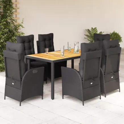 Ensemble à manger de jardin coussins 7pcs Noir Résine tressée