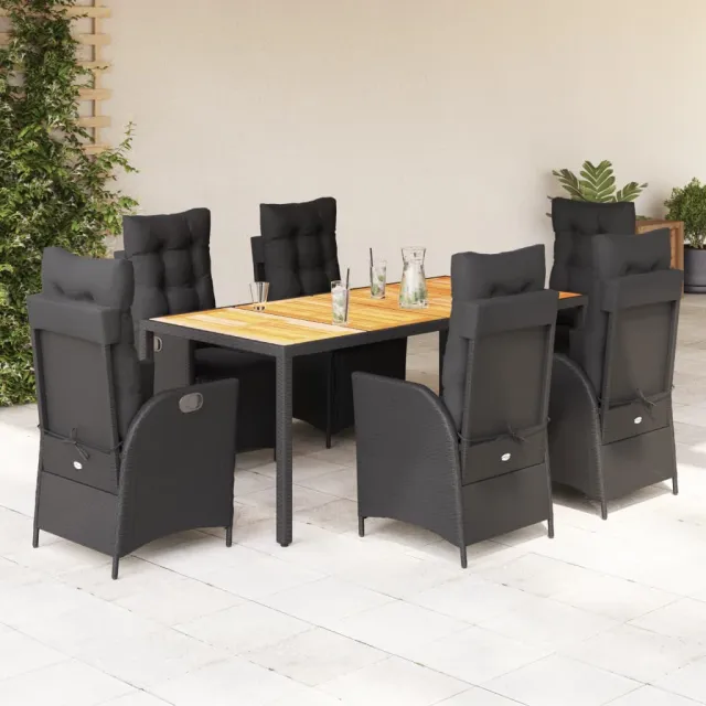 Ensemble à manger de jardin coussins 7pcs Noir Résine tressée