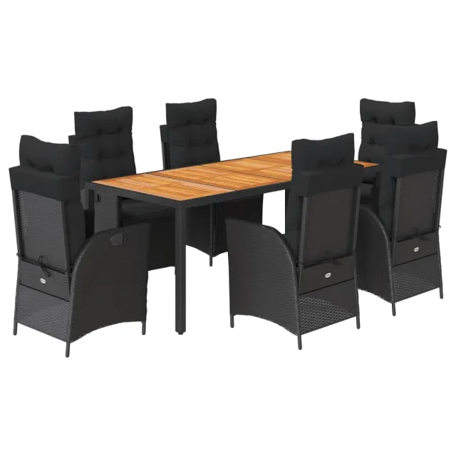 Ensemble à manger de jardin coussins 7pcs Noir Résine tressée