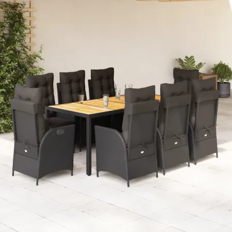 Ensemble à manger de jardin 9pcs coussins noir résine tressée