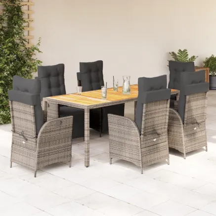 Ensemble à manger de jardin et coussins 7 pcs gris rotin