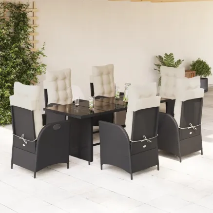 Ensemble à manger de jardin coussins 7pcs Noir Résine tressée