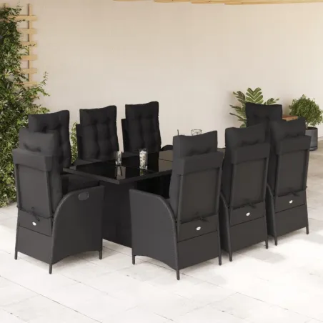 Ensemble à manger de jardin 9pcs coussins noir résine tressée