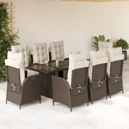 Ensemble à manger de jardin et coussins 9 pcs marron poly rotin