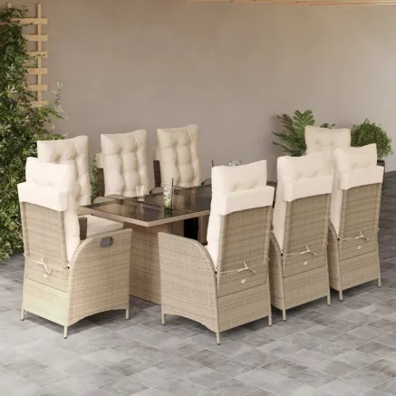 Ensemble à manger de jardin et coussins 9 pcs beige Poly rotin
