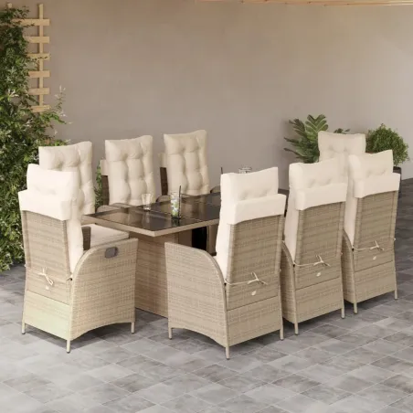 Ensemble à manger de jardin et coussins 9 pcs beige Poly rotin