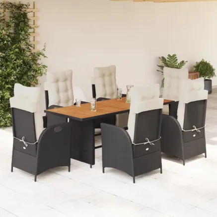 Ensemble à manger de jardin coussins 7pcs Noir Résine tressée