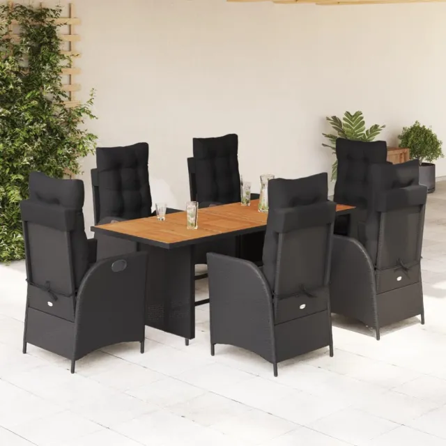 Ensemble à manger de jardin coussins 7pcs Noir Résine tressée