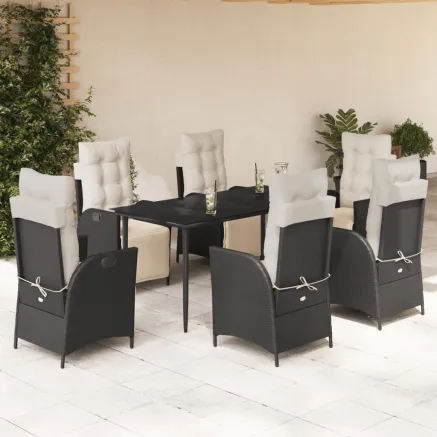 Ensemble à manger de jardin coussins 7pcs Noir Résine tressée