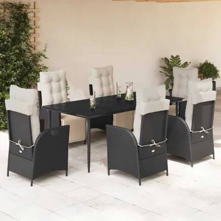Ensemble à manger de jardin coussins 7pcs Noir Résine tressée