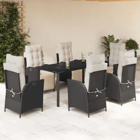 Ensemble à manger de jardin coussins 7pcs Noir Résine tressée