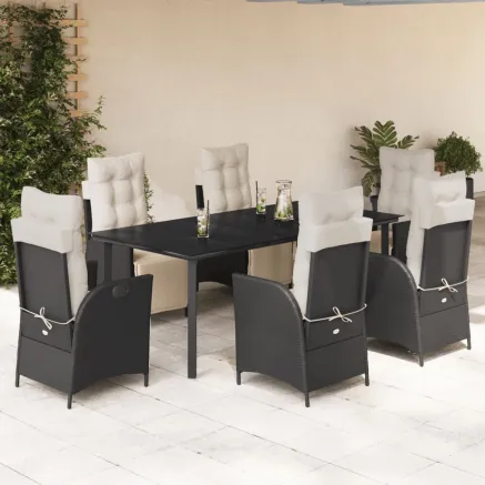 Ensemble à manger de jardin coussins 7pcs Noir Résine tressée
