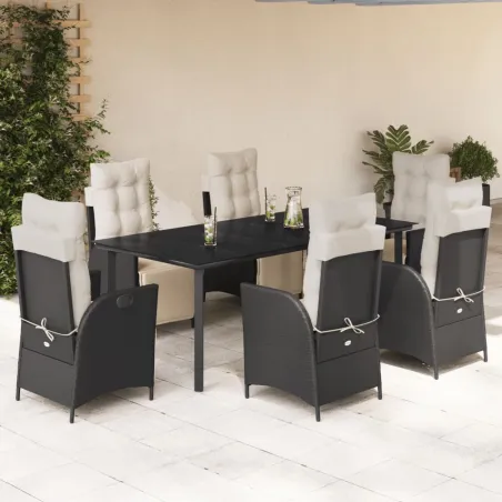 Ensemble à manger de jardin coussins 7pcs Noir Résine tressée