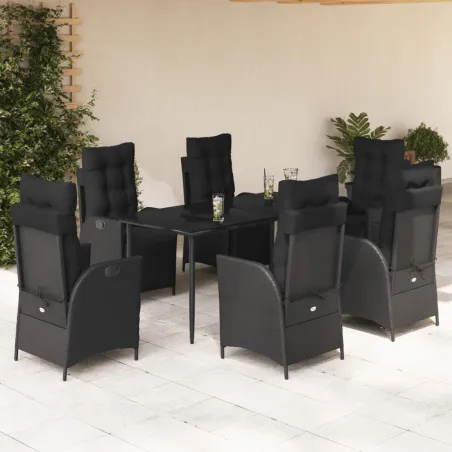 Ensemble à manger de jardin coussins 7pcs Noir Résine tressée