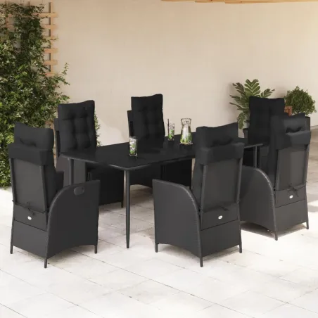 Ensemble à manger de jardin coussins 7pcs Noir Résine tressée