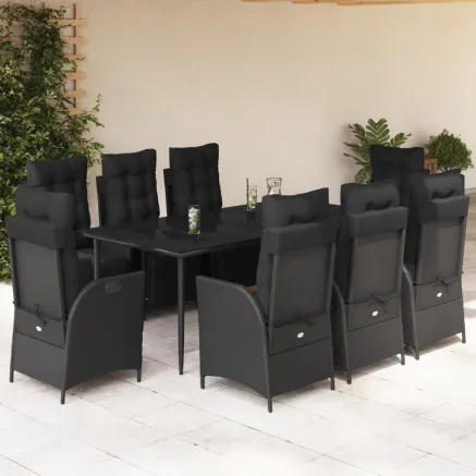 Ensemble à manger de jardin 9pcs coussins noir résine tressée