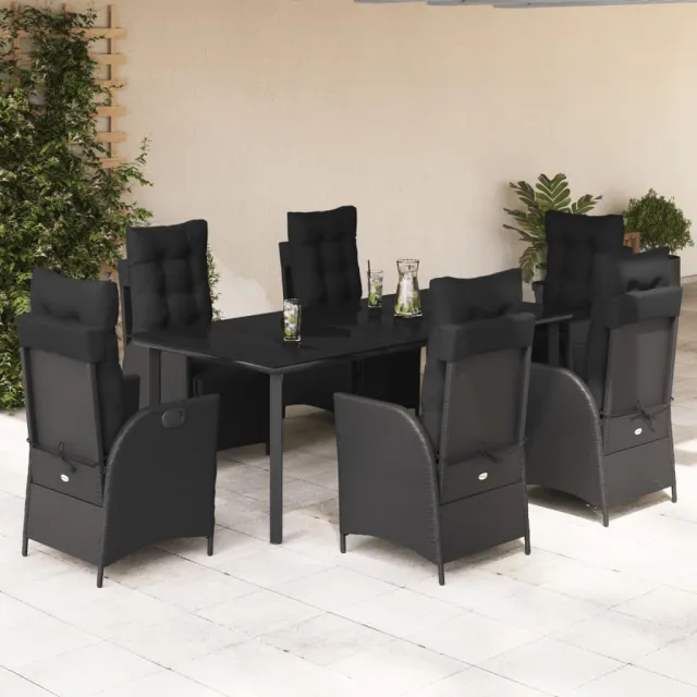 Ensemble à manger de jardin coussins 7pcs Noir Résine tressée