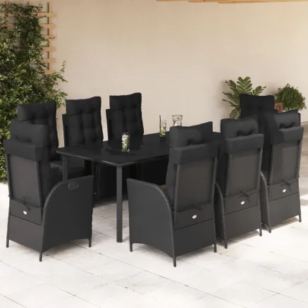 Ensemble à manger de jardin 9pcs coussins noir résine tressée