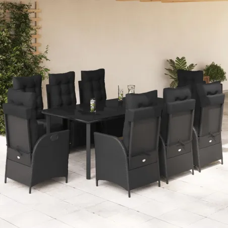 Ensemble à manger de jardin 9pcs coussins noir résine tressée