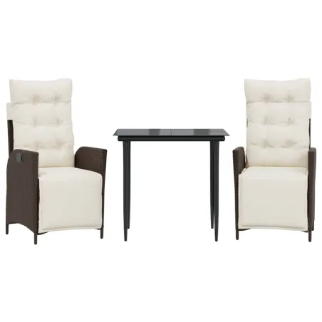 Ensemble à manger de jardin 3 pcs et coussins marron poly rotin