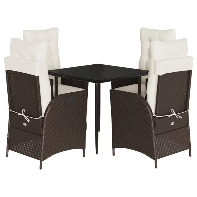 Ensemble à manger de jardin 5 pcs et coussins marron poly rotin