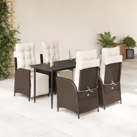 Ensemble à manger de jardin 5 pcs et coussins marron poly rotin