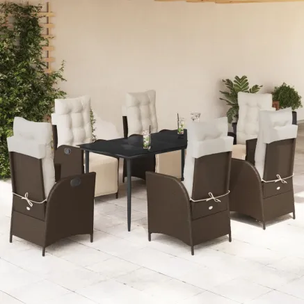 Ensemble à manger de jardin et coussins 7 pcs marron rotin