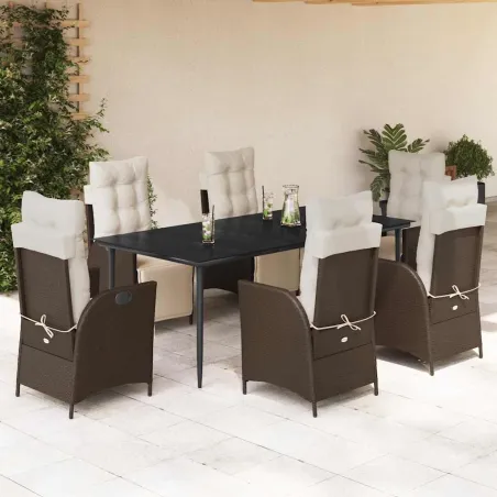 Ensemble à manger de jardin et coussins 7 pcs marron rotin