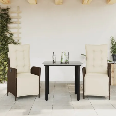 Ensemble à manger de jardin 3 pcs et coussins marron poly rotin