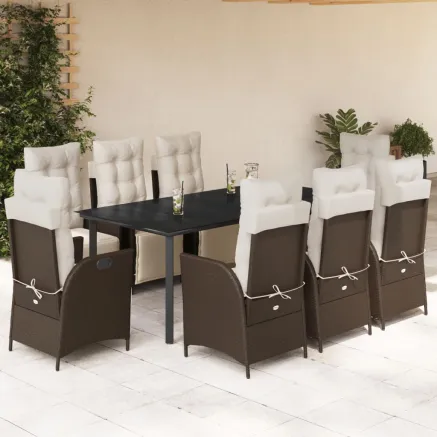Ensemble à manger de jardin et coussins 9 pcs marron poly rotin