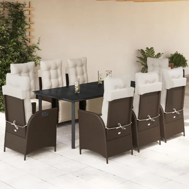 Ensemble à manger de jardin et coussins 9 pcs marron poly rotin
