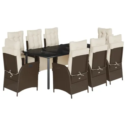 Ensemble à manger de jardin et coussins 9 pcs marron poly rotin 2