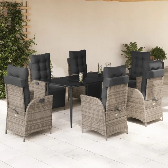 Ensemble à manger de jardin et coussins 7 pcs gris rotin