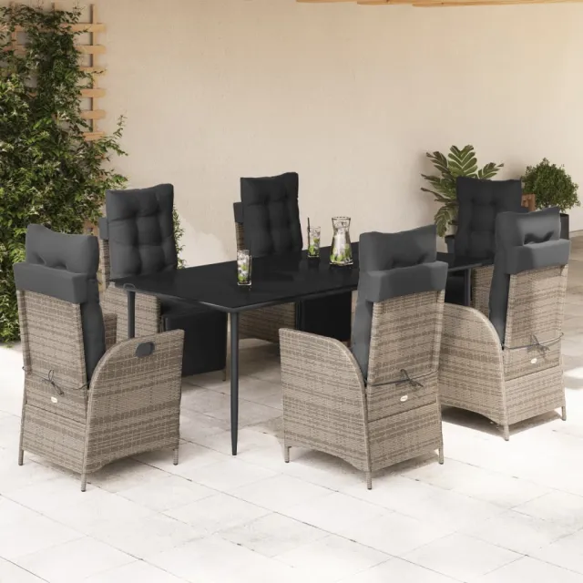 Ensemble à manger de jardin et coussins 7 pcs gris rotin