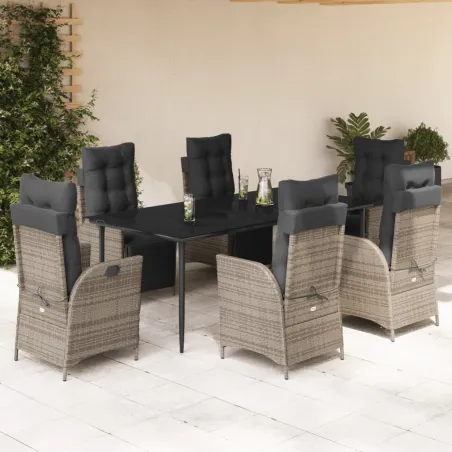 Ensemble à manger de jardin et coussins 7 pcs gris rotin