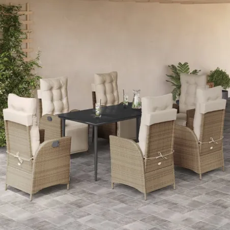 Ensemble à manger de jardin et coussins 7 pcs beige poly rotin