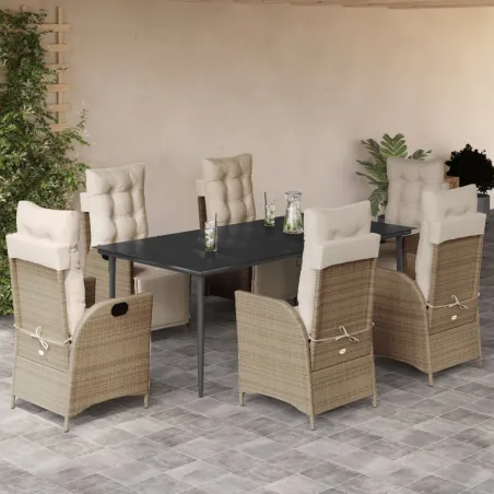 Ensemble à manger de jardin et coussins 7 pcs beige poly rotin