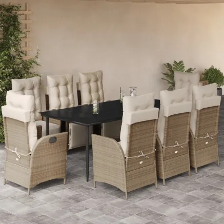 Ensemble à manger de jardin et coussins 9 pcs beige Poly rotin
