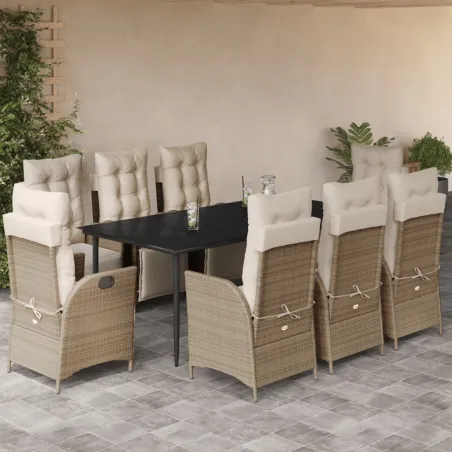 Ensemble à manger de jardin et coussins 9 pcs beige Poly rotin