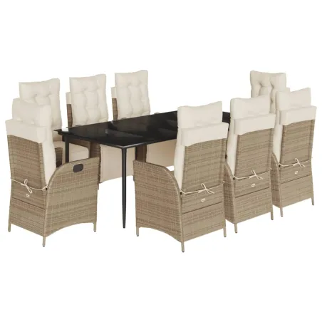 Ensemble à manger de jardin et coussins 9 pcs beige Poly rotin