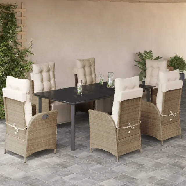 Ensemble à manger de jardin et coussins 7 pcs beige poly rotin