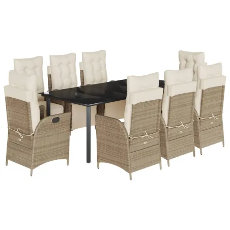 Ensemble à manger de jardin et coussins 9 pcs beige Poly rotin