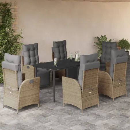 Ensemble à manger de jardin coussins 7 pcs mélange beige rotin