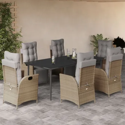 Ensemble à manger de jardin coussins 7 pcs mélange beige rotin