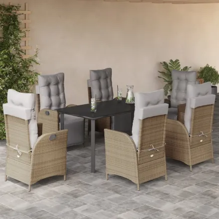 Ensemble à manger de jardin coussins 7 pcs mélange beige rotin