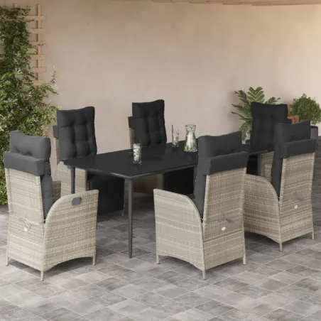 Ensemble à manger de jardin et coussins 7 pcs gris clair rotin