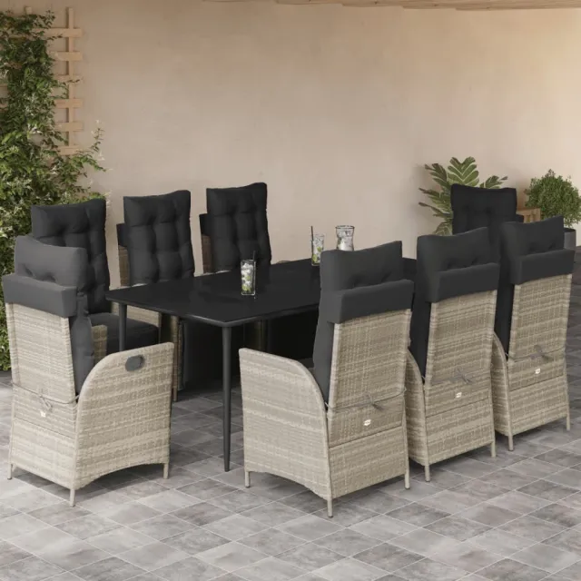 Ensemble à manger de jardin et coussins 9 pcs gris clair rotin