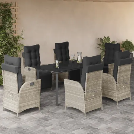 Ensemble à manger de jardin et coussins 7 pcs gris clair rotin