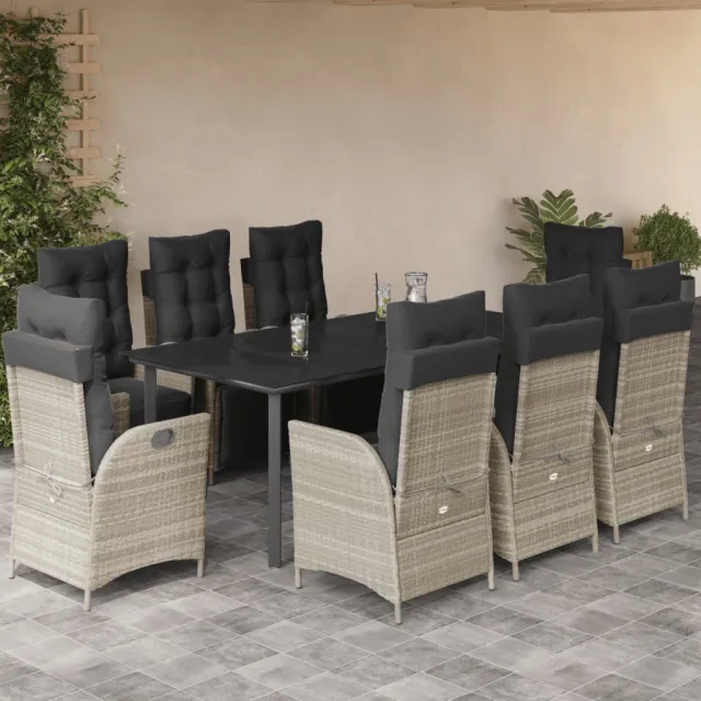 Ensemble à manger de jardin et coussins 9 pcs gris clair rotin